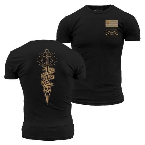 Black t-shirt with gold graphic design on front and back, featuring an American flag and crossed rifles.