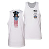 Two white tank tops with patriotic designs on a white background