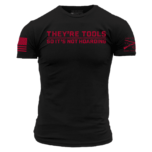 Black t-shirt with red text and graphics on a white background