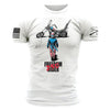 White t-shirt with a graphic of a person on a motorcycle and text 'Freedom Rider' on a white background