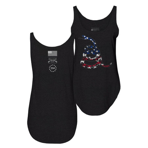 Two black tank tops with American flag designs on a white background