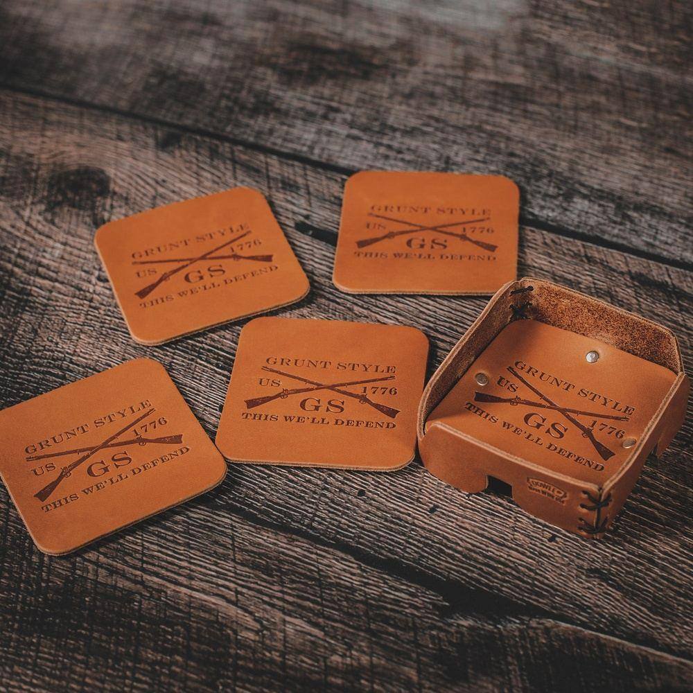 Leather Drink Coaster Set with Engraved Art 