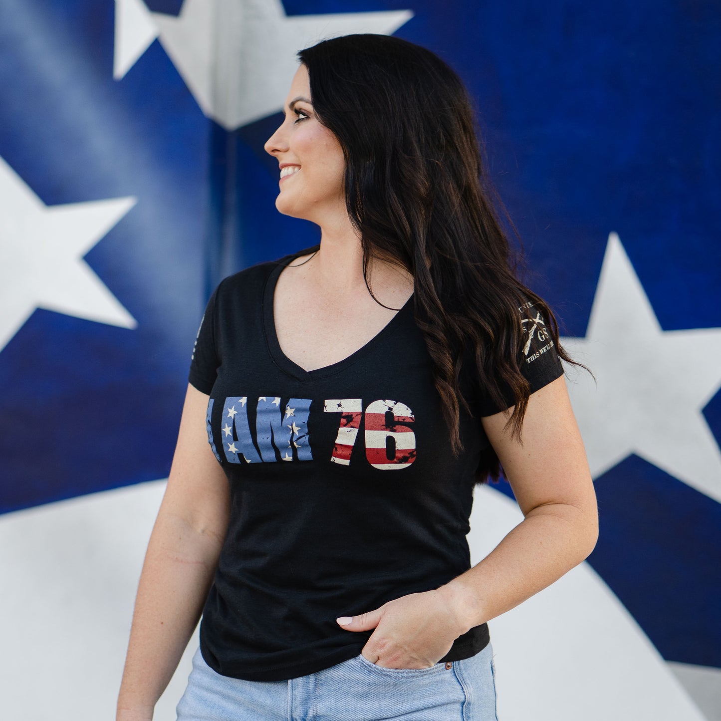 Women's Patriotic T-Shirt - I am 76 V-Neck 