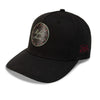 Black cap with a circular patch and text on a white background