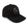 Black patterned cap with mesh back on a white background
