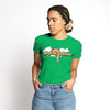 Person wearing a green t-shirt with 'Magically Delicious' design on a white background