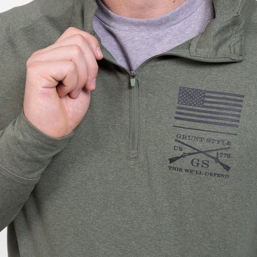 Grunt Style Men's All-Day 1/4 Zip Hoodie - Heather Military Green