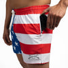 Person wearing American flag swim shorts with a visible brand logo.