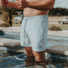 Person wearing light blue swim shorts standing by a pool