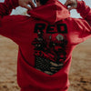 Red hoodie with graphic design and 'RED' text on a blurred background