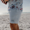 Person wearing a patterned shirt and light-colored shorts on a beach.
