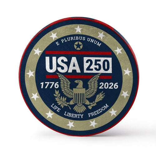 Circular emblem celebrating USA 250th anniversary with eagle and stars on a white background