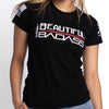 Black t-shirt with 'Beautiful Badass' text worn by a person on a white background