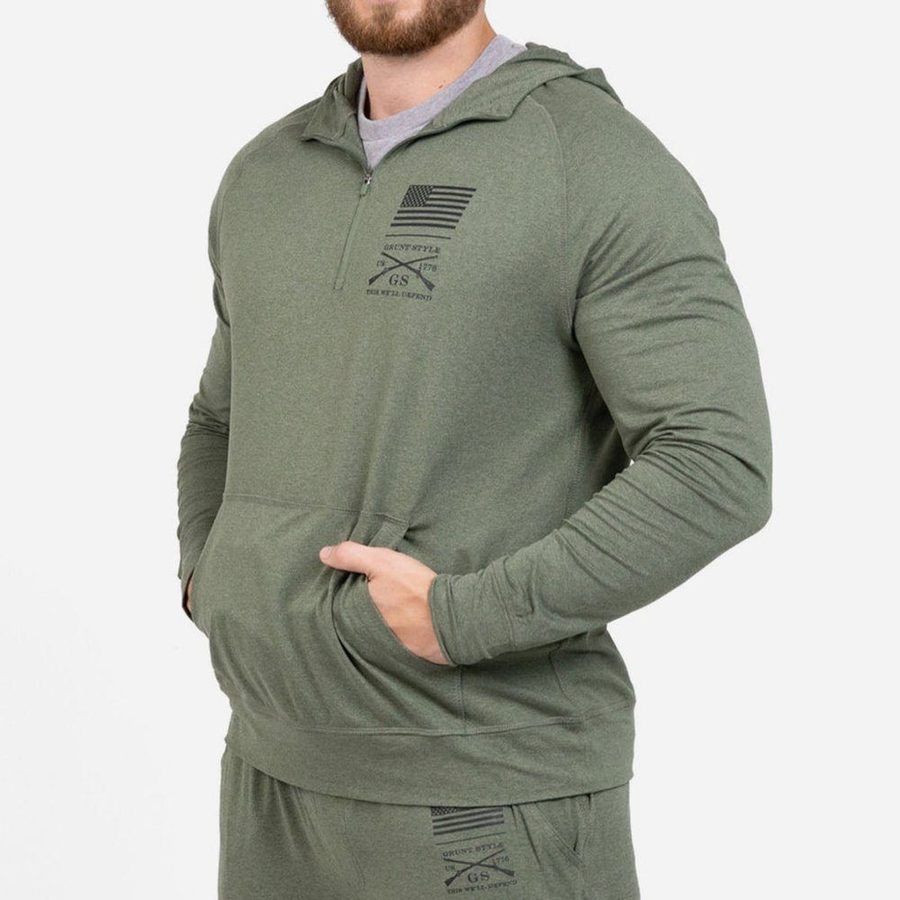 Grunt Style Men's All-Day 1/4 Zip Hoodie - Heather Military Green