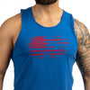 Blue tank top with red graphic design on a white background