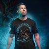 Man wearing a black t-shirt with a United States Navy graphic design against a dark background