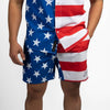 American flag patterned shorts on a plain background
