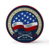 Circular logo with American flag design and text on a white background