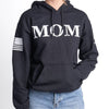 Black hoodie with 'MOM' text on a white background