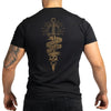 Black t-shirt with a gold graphic design on the back, worn by a person.