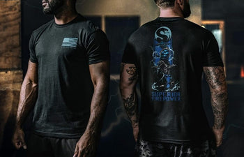 Blue superhero figure with lightning effects and 'Superior Firepower' text on a black background