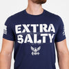 Navy blue t-shirt with 'Extra Salty' text and eagle logo on a white background