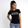 Woman wearing a black t-shirt with 'Beautiful Badass' text on a white background