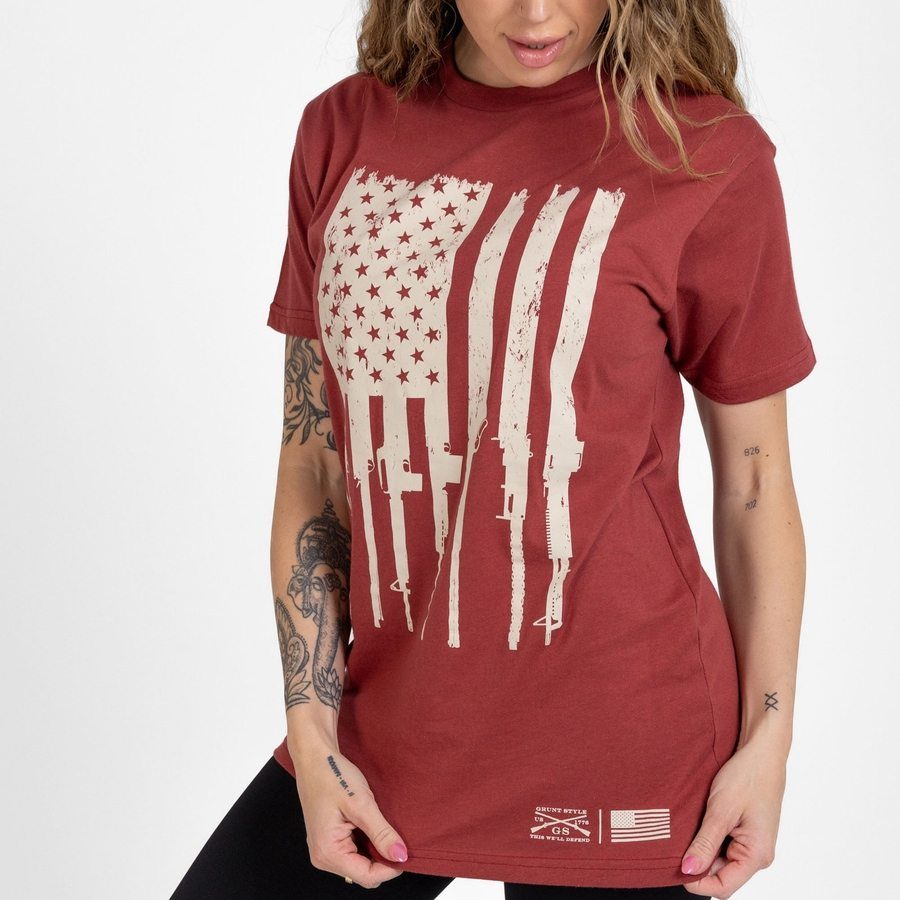 Grunt Style Women's Rifle Flag Boyfriend Fit T-Shirt - Red Plum