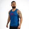 Man wearing a blue tank top with a red graphic on a white background