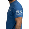 Blue t-shirt with white text and graphics on a white background