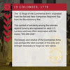 Informational text about the 13 Colonies symbol from 1775, with a red border and gold emblem.