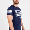 Man wearing a navy blue t-shirt with 'EXTREME SALTY' text and American flag design on a white background