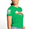 Green t-shirt with rainbow design and text worn by a person on a white background