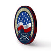 Decorative wall clock with American flag design and text on a white background