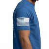 Blue t-shirt with a white flag design on a white background