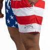 American flag patterned shorts with visible branding on a white background