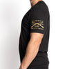 Black t-shirt with yellow text and graphics on a white background