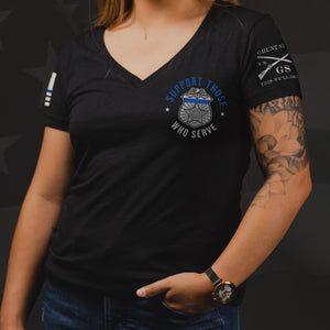 Women's Blue Line Support Those Who Serve V-Neck T-Shirt - Black