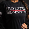 Black t-shirt with 'BEAUTIFUL BADASS' text worn by a person