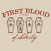 Four coffins with skull and crossbones designs on a beige background with text 'First Blood of Liberty'.