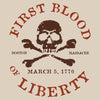Logo with skull and crossbones and text 'First Blood of Liberty' on a beige background