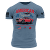 A blue short-sleeve graphic t-shirt featuring a red classic Mustang car, the words 'AMERICAN Legend' in red and white, a palm tree and airplane, and additional graphics on both sleeves.