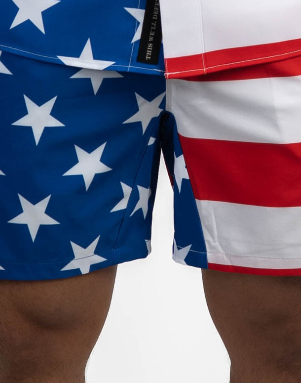 Close-up of shorts with American flag pattern on a white background