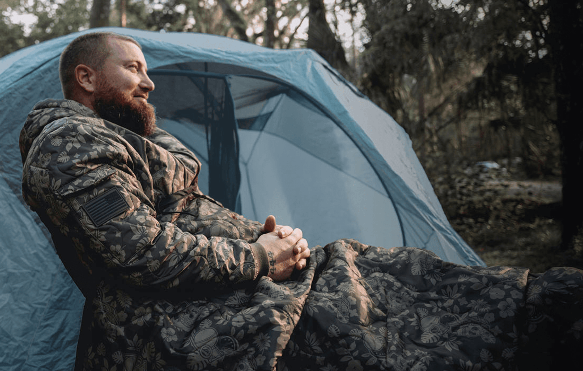 Woobie Hoodie with Frog Skin Forest pattern on camping trip