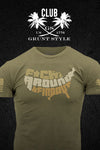 An olive green short-sleeve t-shirt with a graphic on the chest reading 'F*CK AROUND & FIND OUT' in a USA map silhouette, shown on a black background with a yellow 'JOIN CLUB' button and a 'CLUB US GRUNT STYLE' logo at the top.