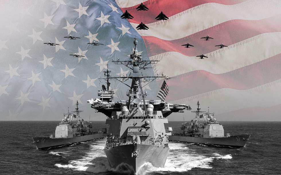 Navy ships with American flag and fighter jets in the sky