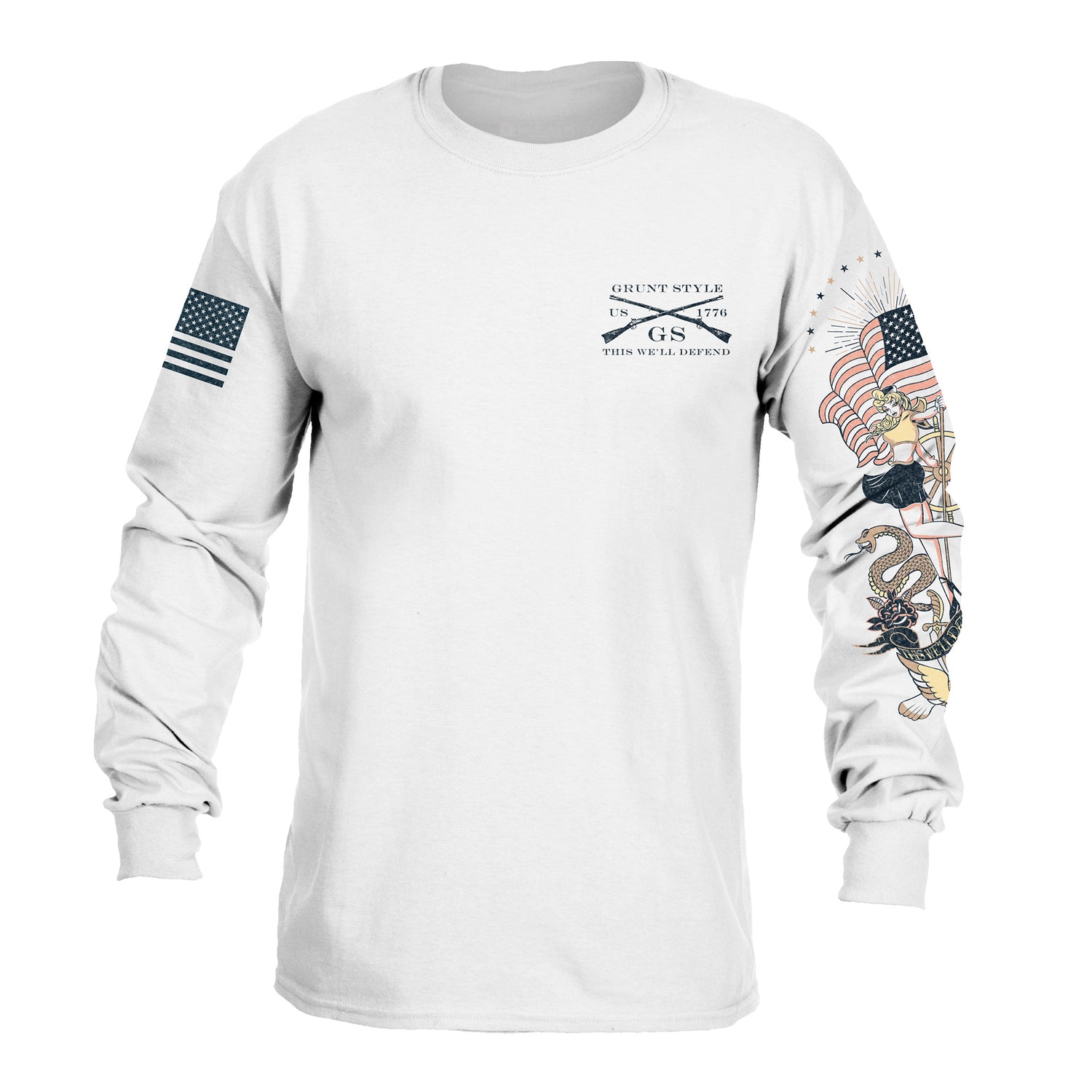 Patriotic Nautical Pin Up - American Flag Long Sleeved Tee 