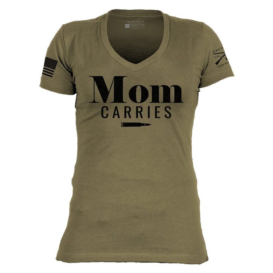 Women's Mom Carries V-Neck - Military Green