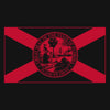 A rectangular red and black flag design featuring a large red diagonal cross over a black field, with the Great Seal of the State of Florida centered. No person, animal, or real environment is present, so this is Product/Packaging rather than Lifestyle.