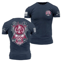 Navy blue t-shirt with red and white graphic design on a white background